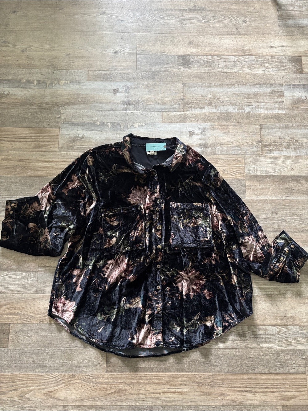 Anthropologie Velvet Floral Button-Up in Black with Blush and Green Accents